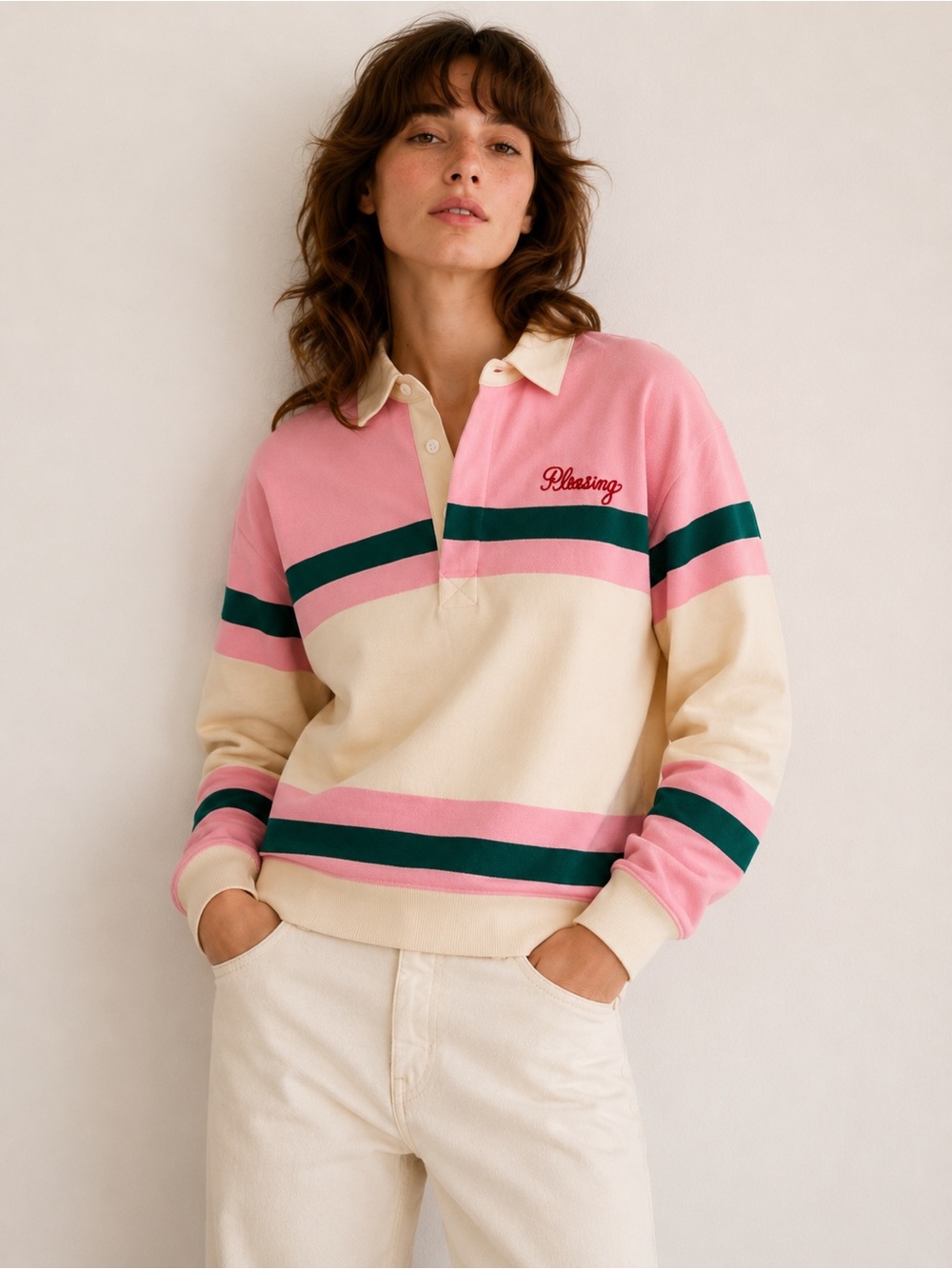 Pleasing Rugby Cropped Pullover Top Pink Cream Green Stripe Cotton Size Medium